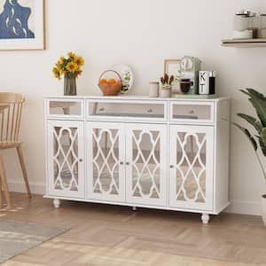 White Paint 4 Doors Mirrored Buffet Cabinet Sideboard With 3 Mirror Drawers and Adjustable Shelves for Kitchen Dining