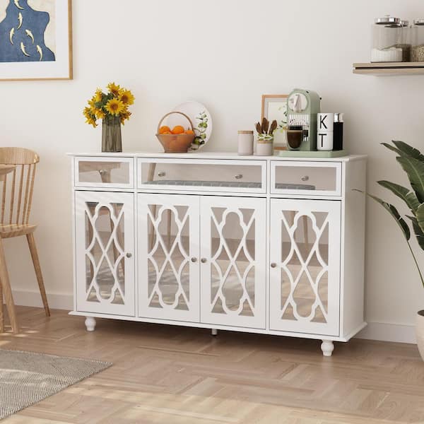 FUFU&GAGA White Paint 4 Doors Mirrored Buffet Cabinet Sideboard With 3 Mirror Drawers and Adjustable Shelves for Kitchen Dining