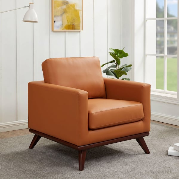 Leisuremod Chester Leather Accent Arm Chair with Removable Cushions Single Seater Sofa with Birch Wood Legs in Cognac Tan