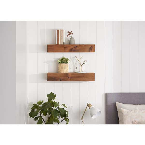 6.25 in. x 24 in. x 4 in. Walnut Solid Wood Floating Decorative Wall-Shelf  with Brackets (Set of 2) MFFLT24-SW-SET2 - The Home Depot