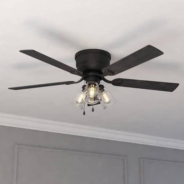 Cromwell 52 in. Matte Black Flush Mount Ceiling Fan with LED Light Kit and Pull Chain and Remote Control Included