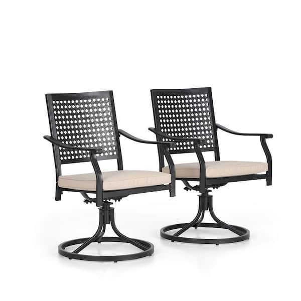 PHI VILLA Black Swivel Metal Outdoor Dining Chair with Beige PHI VILLA Black Swivel Metal Outdoor Dining Chair with Beige