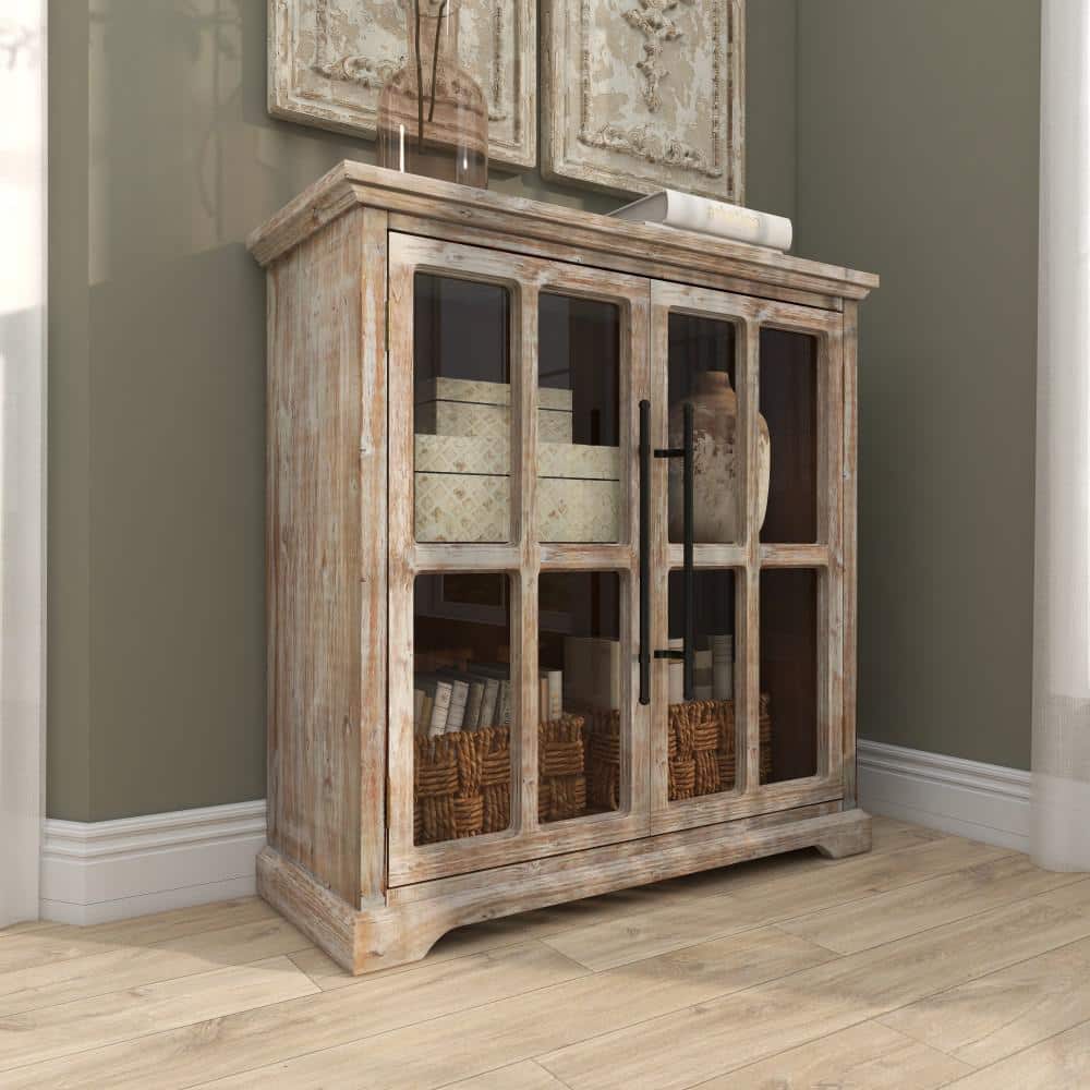 Weathered Brown Wood and Glass Farmhouse Accent Cabinet