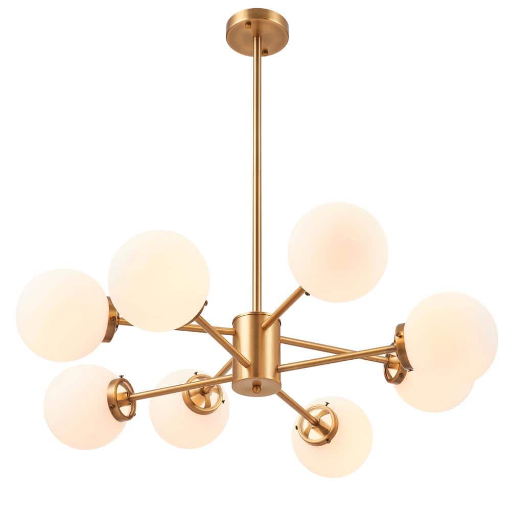Modern Brass 8-Light Sputnik Chandelier with White Opal Glass