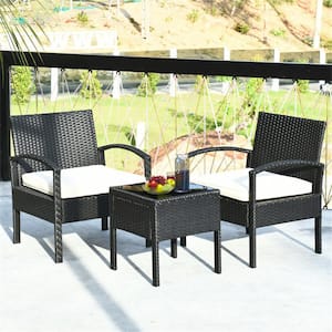 3-Piece Metal Frame Outdoor Bistro Set PE Rattan Patio Conversation Set with White Seat Cushions and Coffee Table