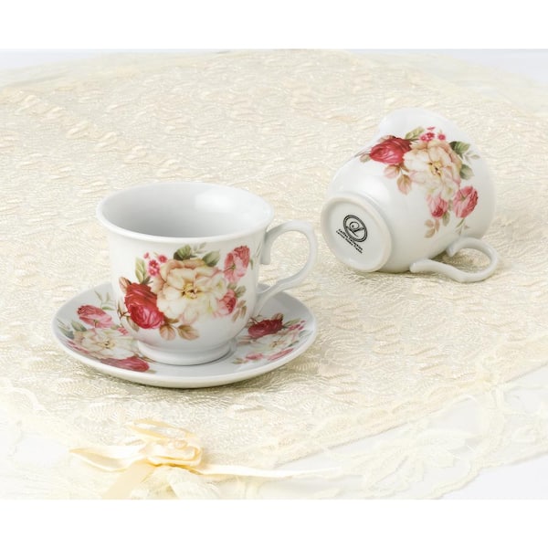 Set of 6 Espresso Cups 2oz. On Metal Stand-Red and Ivory Flower