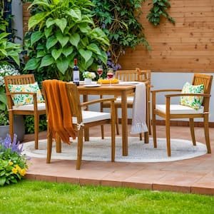 5-Piece Acacia Wood Outdoor Dining Set with Beige Cushion for Patio Garden Backyard 4-Armchairs and Table