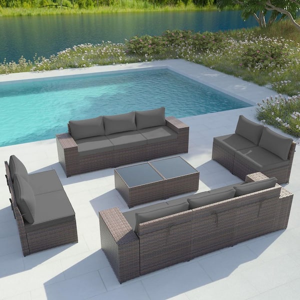 12-Piece Wicker Outdoor Sectional Set with Cushion Gray