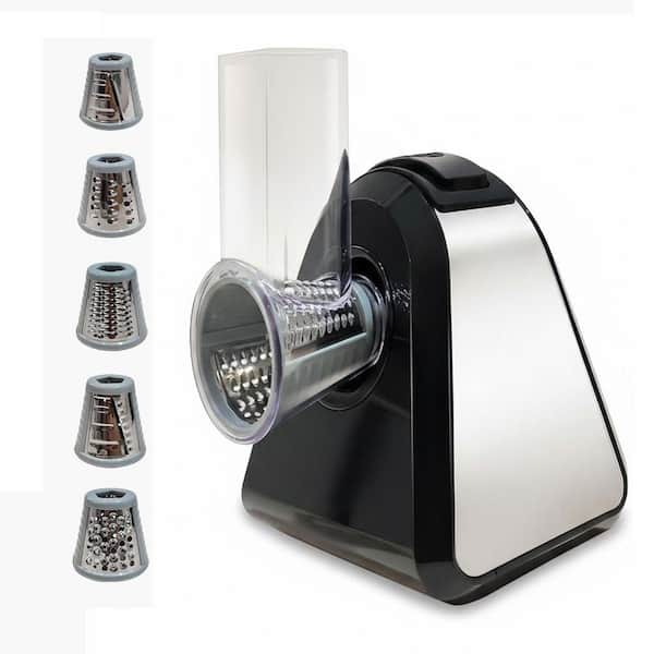 Silver Electric Cheese Grater with 5 Stainless Steel Blades for Slicing Shredding Chopping and Wave Cutting