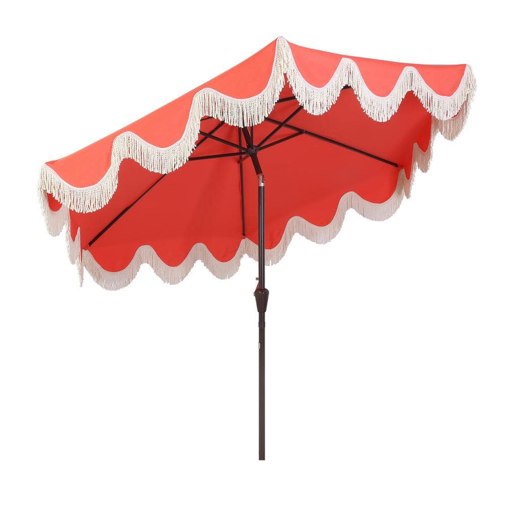 Collins 9 ft. Coral Red and Cream Tassel Patio Umbrella with Auto-Tilt