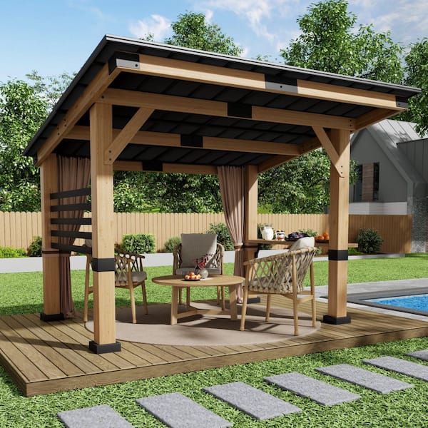 12 ft. x 10 ft. Cedar Wood Gazebo with Galvanized Steel Roof, Privacy Curtains and Ceiling Hook for Patio