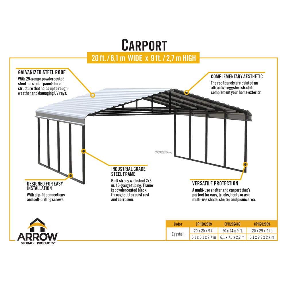 Eggshell Galvanized Steel Carport Kit with 2-Inch Frame