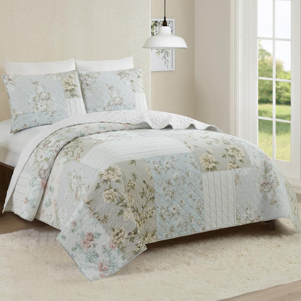 Claire Full/Queen White Cotton Patchwork Quilt Set