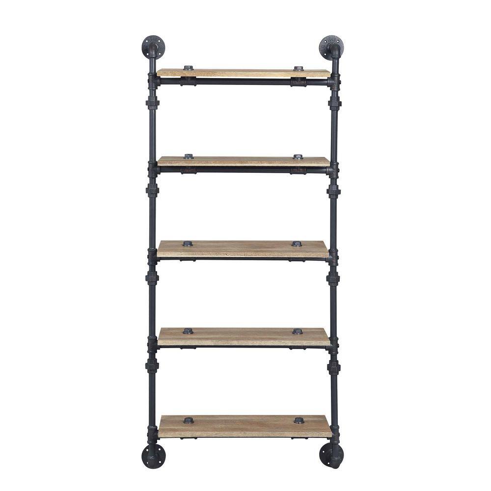 Urbanne Industrial Aged 5-Tiered Wood Print MDF and Metal Pipe Floating Wal
