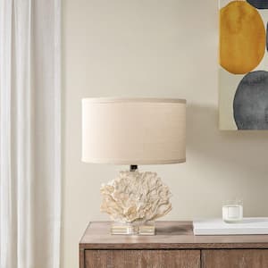 15 in. Distressed White Mini Coral Polyresin Table Lamp with Linen Shade