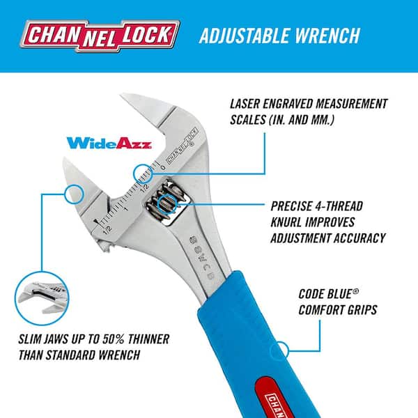 8-Inch Overall Length Channellock Inc Channellock 8WCB WideAzz Adjustable Wrench with Code Blue Grips 1-1/2-Inch Opening