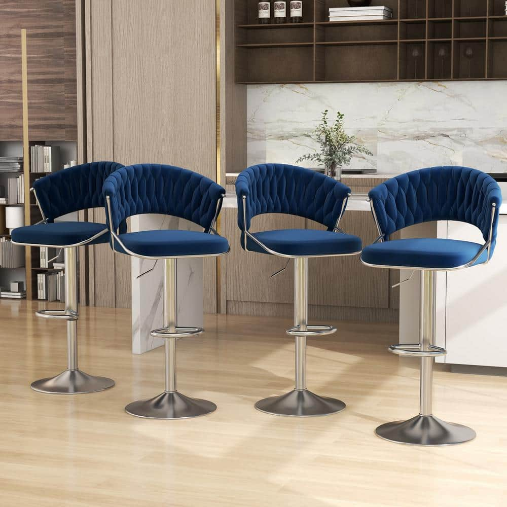 43.15 in. Navy Blue Low Back Silver Metal Frame Adjustable Swivel Bar Stool with Velvet Seat (Set of 4) -  Uixe, BT03-SR-NB-4