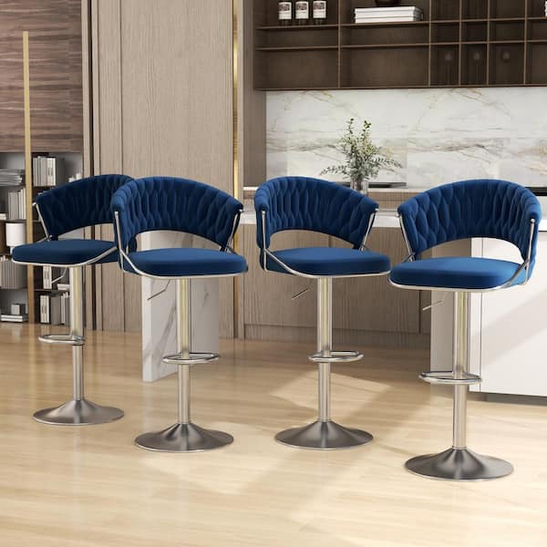 Uixe 43.15 in. Navy Blue Low Back Silver Metal Frame Adjustable Swivel Bar Stool with Velvet Seat (Set of 4)