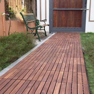 Brown Acacia Wood 3/4 in. T x 12 in. W Solid Hardwood Flooring Interlocking Deck Tiles - Striped Pattern(10 sqft/case)