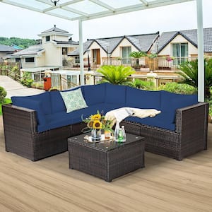 6-Piece Wicker Patio Fire Pit Rattan Furniture Set with Blue Cushions
