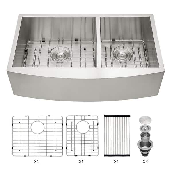 33 in. Farmhouse Double Bowl (60/40) 16-Gauge Brushed Nickel Stainless Steel Kitchen Sink with Bottom Grids