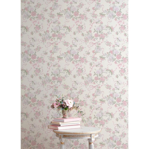 Cabbage Rose Bow Pretty in Pink Ribbons and Roses Wallpaper Sample