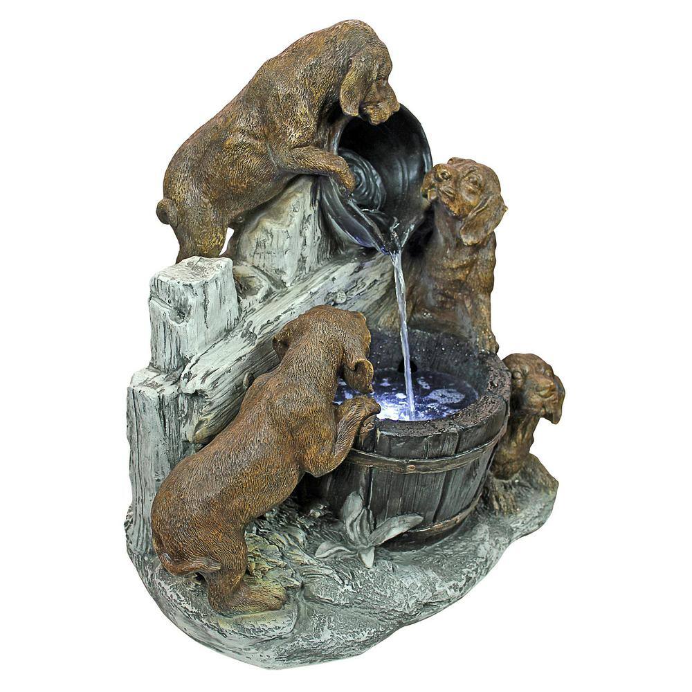 Solar Powered Resin Puppy Pail Pour Garden Fountain with LED Lights