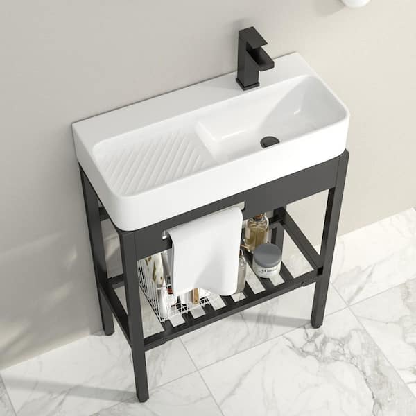 28 in. Ceramic White Bathroom Console Sink Washboard and Stainless Steel Base in Matte Black Combo with Overflow
