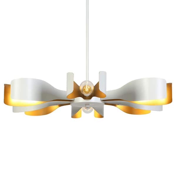 Modern 31.4 in. 6-Light Chandelier with DIY Curved Metal Shades, White and Gold Pendant Light, Living Room Ceiling Light