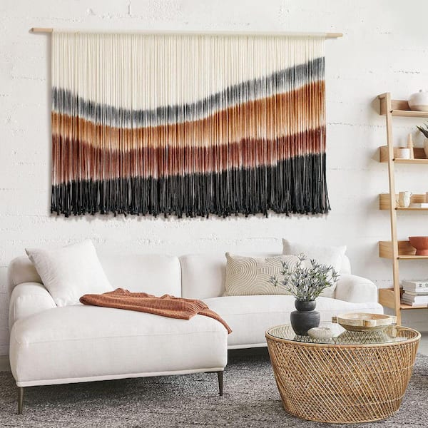 59 in. x 35 in. Coffee Brown Macrame Wall Hanging-Dip Dye Bohemian