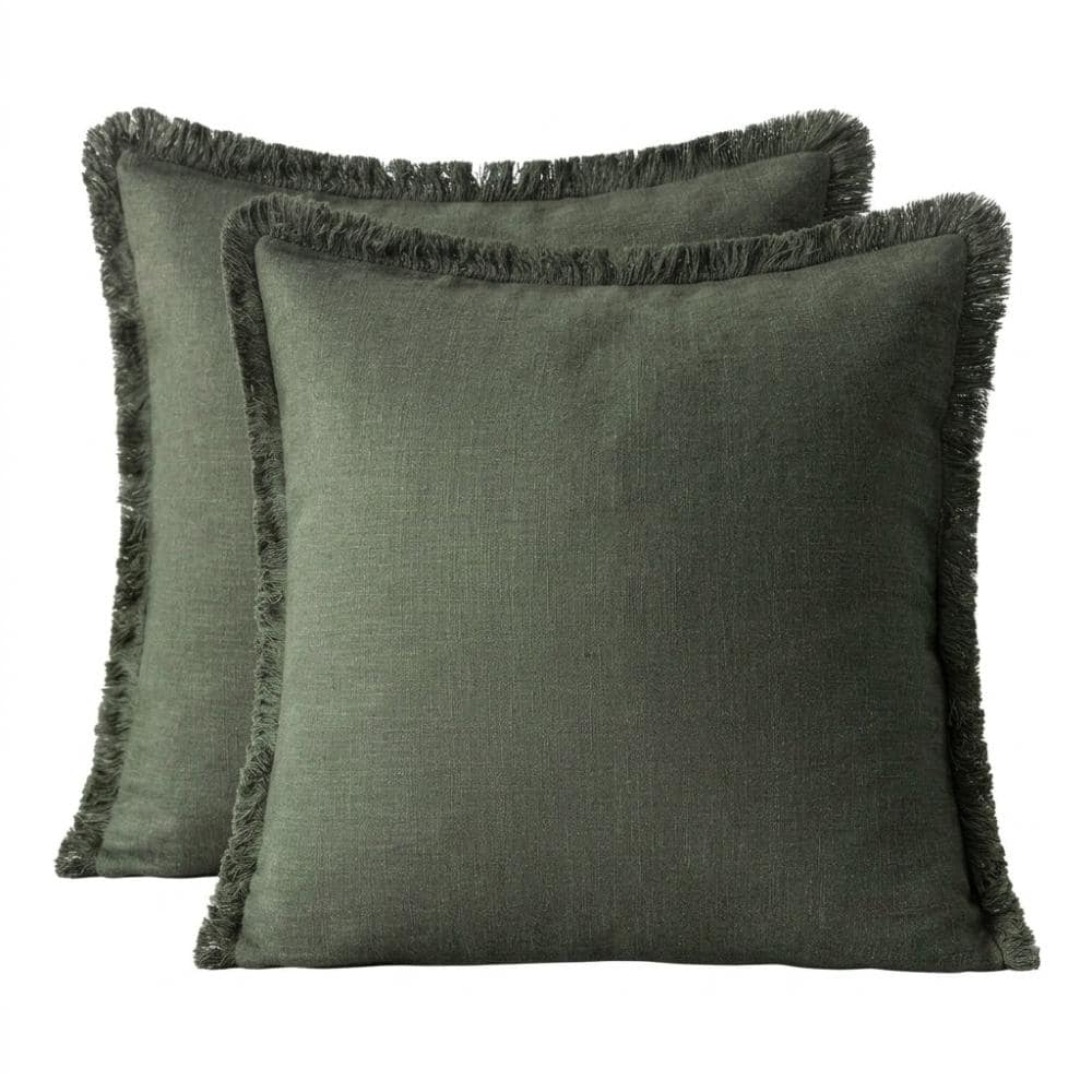 Dark Olive Green Tassels 18 in. x 18 in. Throw Pillow Cover Set of