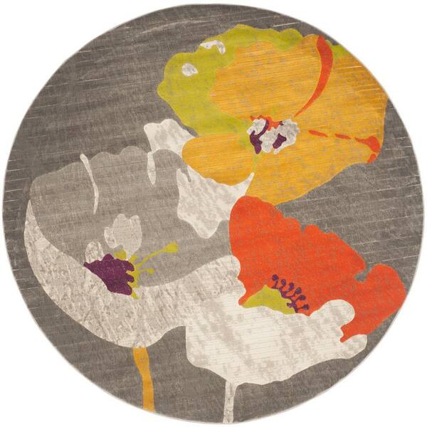 SAFAVIEH Porcello Dark Grey/Ivory 7 ft. x 7 ft. Round Floral Area Rug