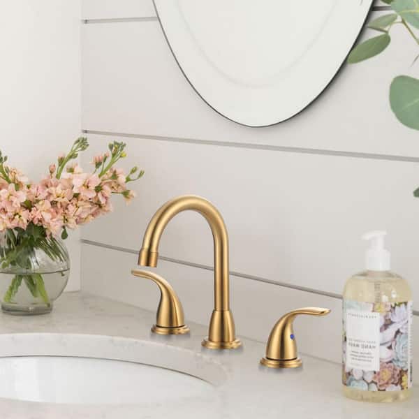 8 in. Widespread Double Handle Bathroom Faucet with Swivel Spout, Pop Up Drain and Supply Lines in Gold