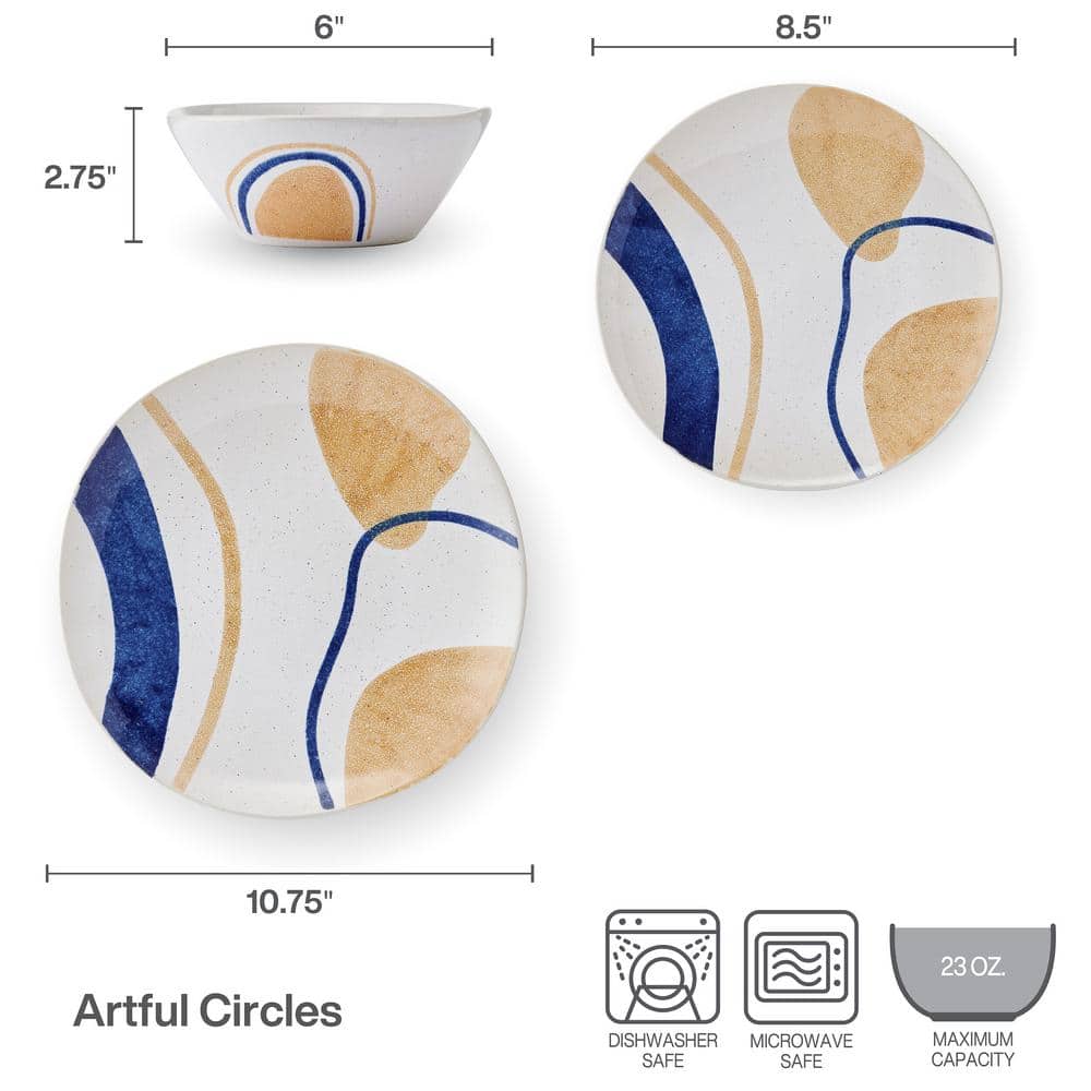 Artful Circles Blue and Beige Stoneware Dinnerware Set, Service for 4