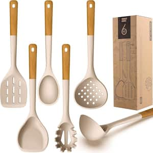 Khaki Large Silicone Cooking Utensils Set with Heat Resistant Silicone and Wooden Handles, Non-Stick, BPA Free