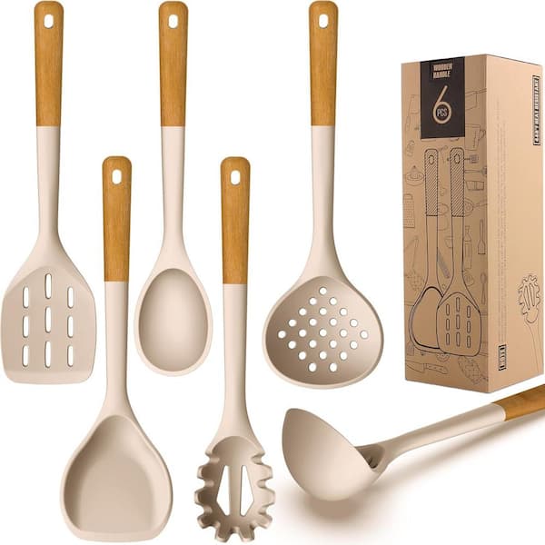 Adrinfly Khaki Large Silicone Cooking Utensils Set with Heat Resistant Silicone and Wooden Handles, Non-Stick, BPA Free