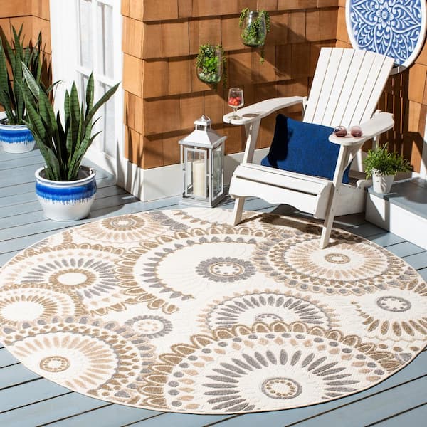 Cabana Gray/Ivory 7 ft. x 7 ft. Medallion Floral Indoor/Outdoor Round Area Rug