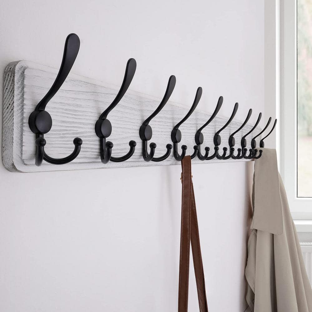 White and Black 38.6 in. Long Farmhouse Wood Coat Rack Wall Mount with 10-H