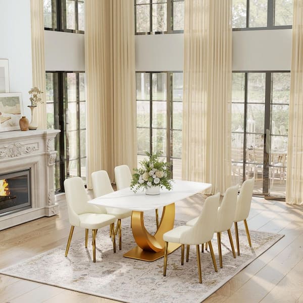 (Set of 6) Modern PU leather Upholstered Dining Chair Desk Chair Furniture with Sturdy Metal Legs, Beige