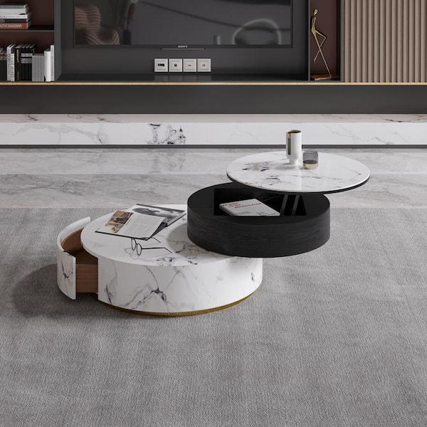 J&E Home 35 in. White/Black Round Sintered Stone Top Coffee Table 