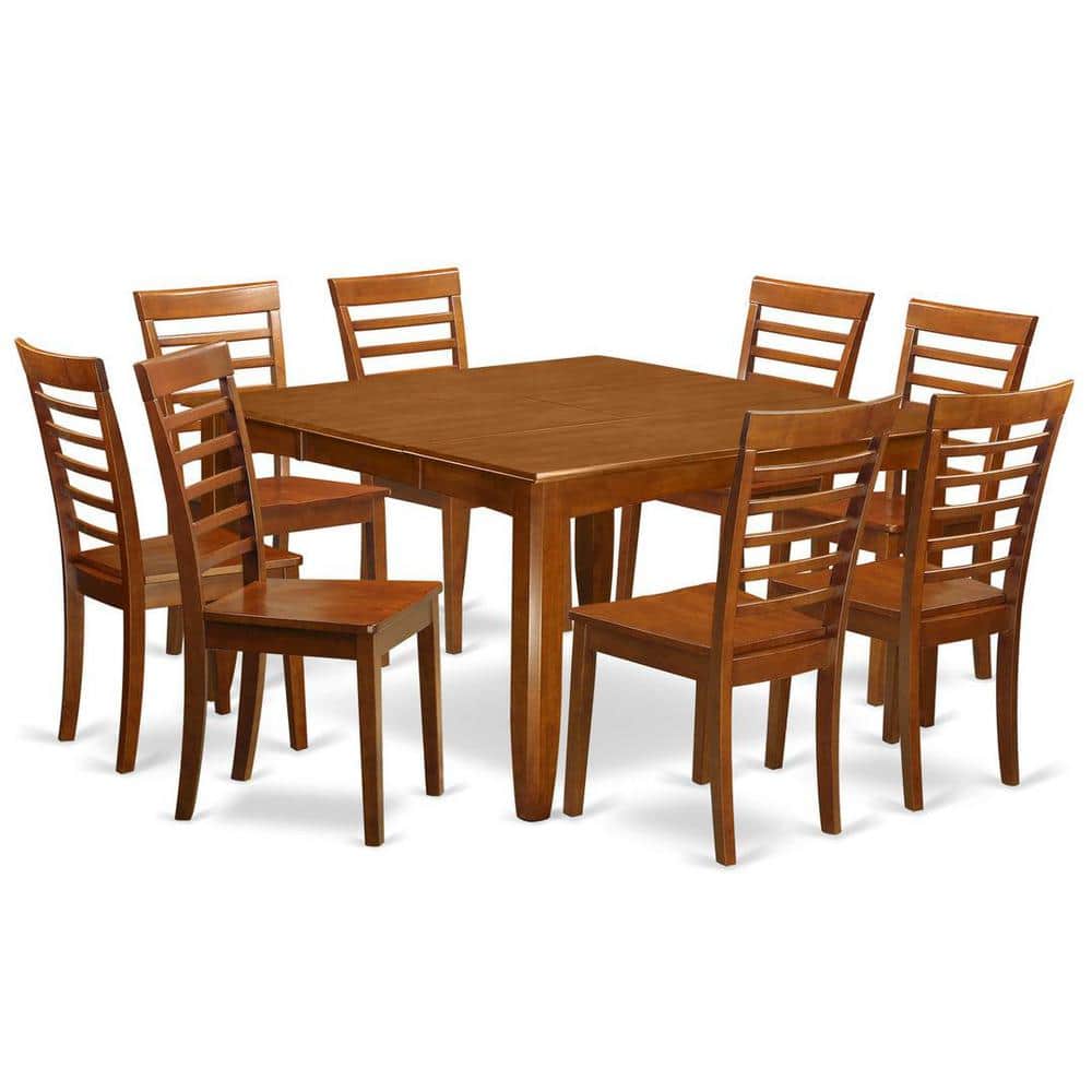 Saddle Brown Square Dining Table Set with 8 Wooden Chairs