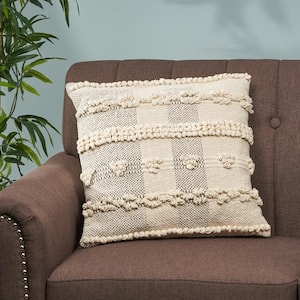 Blaisdell Natural and Light Grey Geometric Cotton 18 in. x 18 in. Throw Pillow