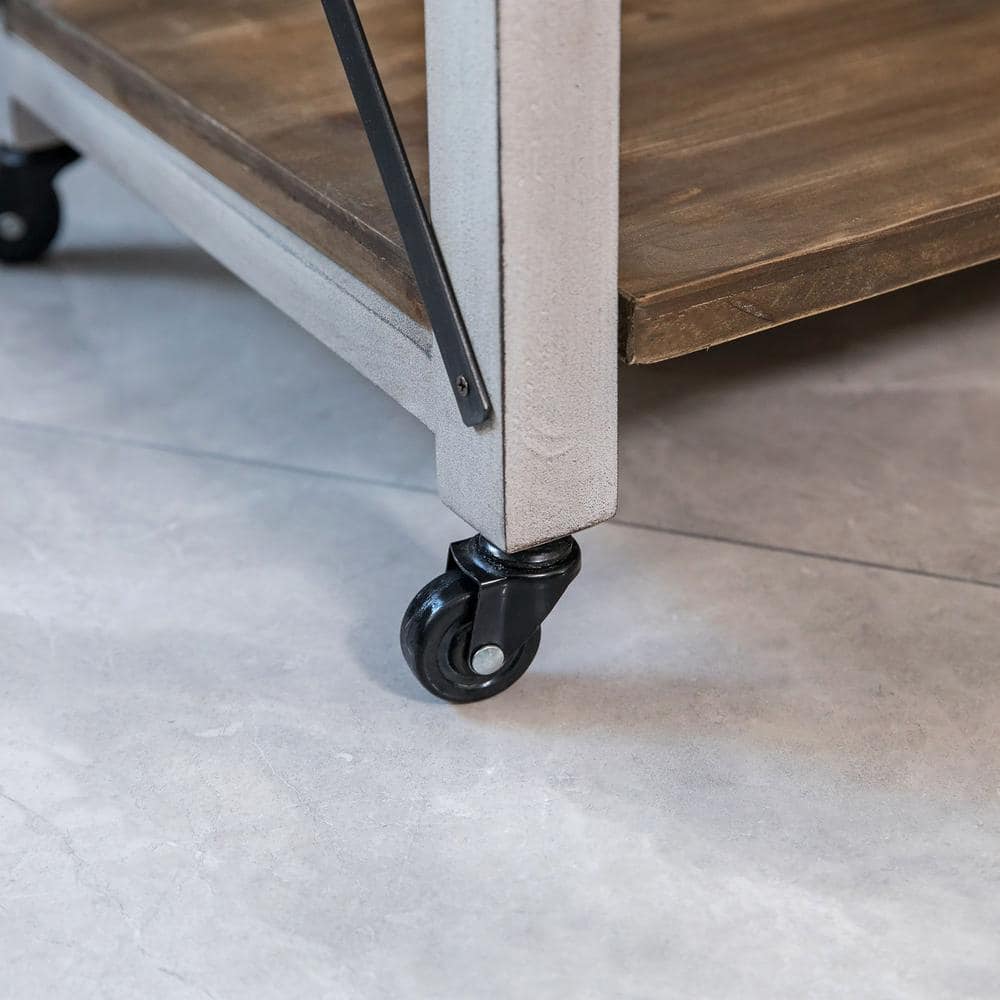Off-White and Brown Wood Kitchen Cart with Wine Rack