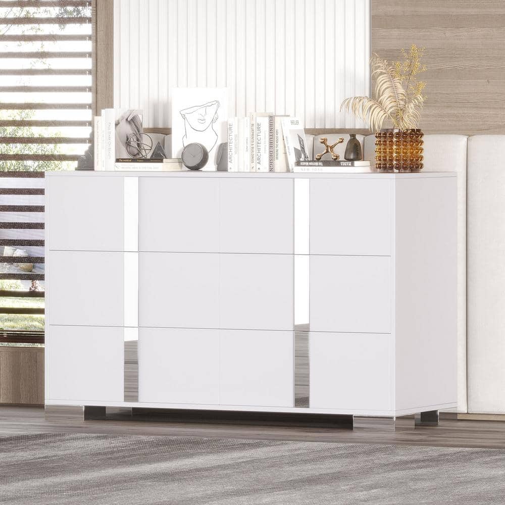 White Mirrored 6-Drawer MDF Modern Dresser with Metal Handles