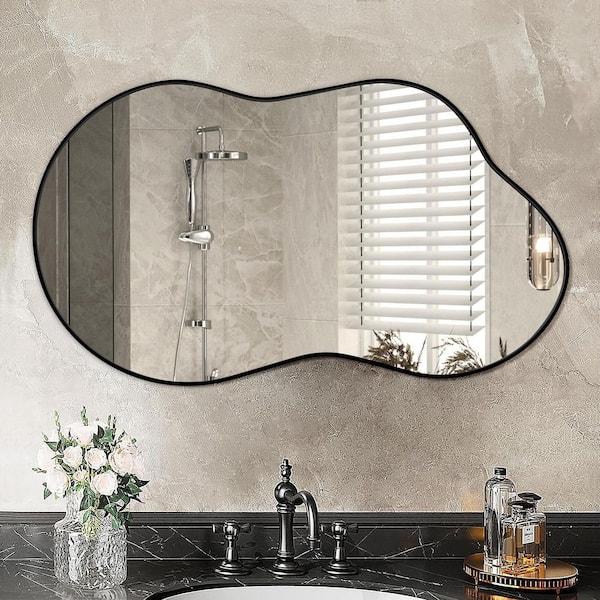 46 in. W. x 26 in. H Irregular Black Aluminum Alloy Framed Wall Mirror Asymmetrical Wall Mirror
