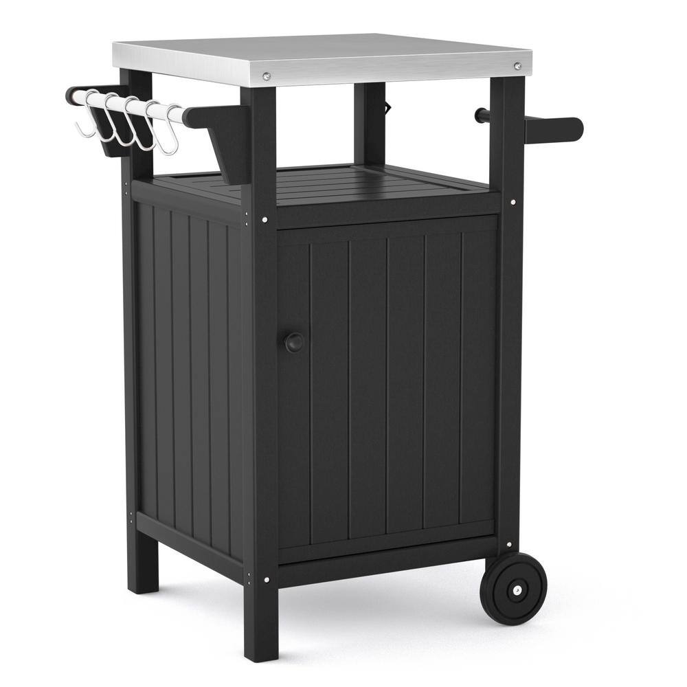 26.85 in. Black Outdoor Steel Grill Cart with Storage, Wheels, Hooks and Si