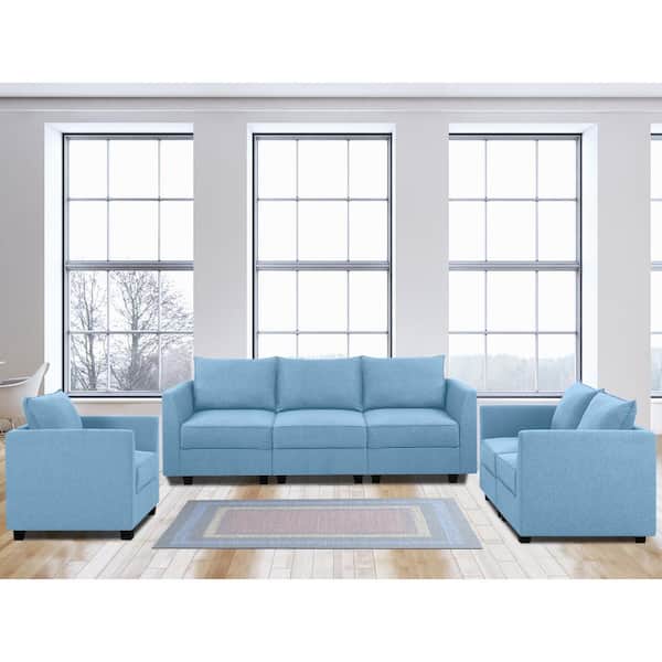 HOMESTOCK 56.1 in. Linen Modern Upholstered Accent Chair, Loveseat & Sectional Sofa in. Robin Egg Blue