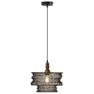 Talia 1-Light Black Shaded Pendant Light with Black and Brown Metal and Wood Drum Shade