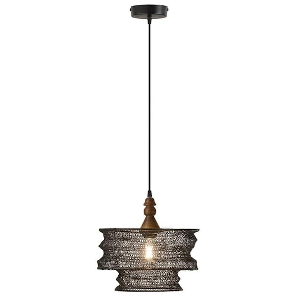 River of Goods Talia 1-Light Black Shaded Pendant Light with Black and Brown Metal and Wood Drum Shade
