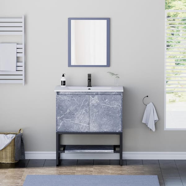 eclife 36 in. W x 18 in. D x 33 in. H Single Sink Freestanding Bath Vanity Cabinet in Gray with White Ceramic Top